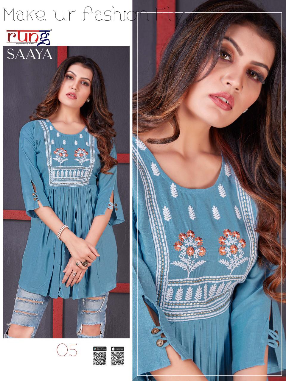 Rung Saaya Hevay Slub Latest Fancy Designer Casual Wear  Embroidery Work Western Rayon Top Collection